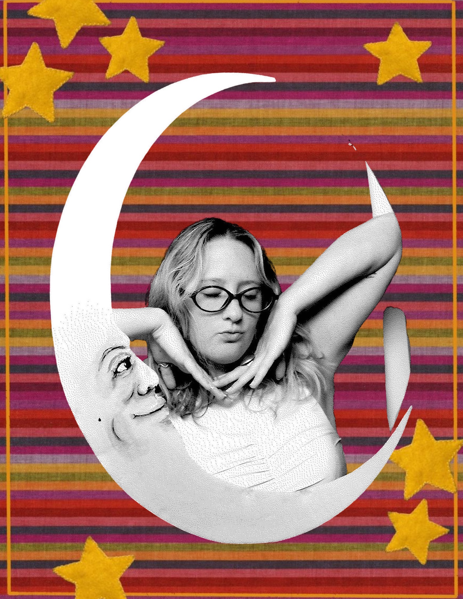 DJ Shelbz sitting on a crescent moon with colorful striped background and gold stars